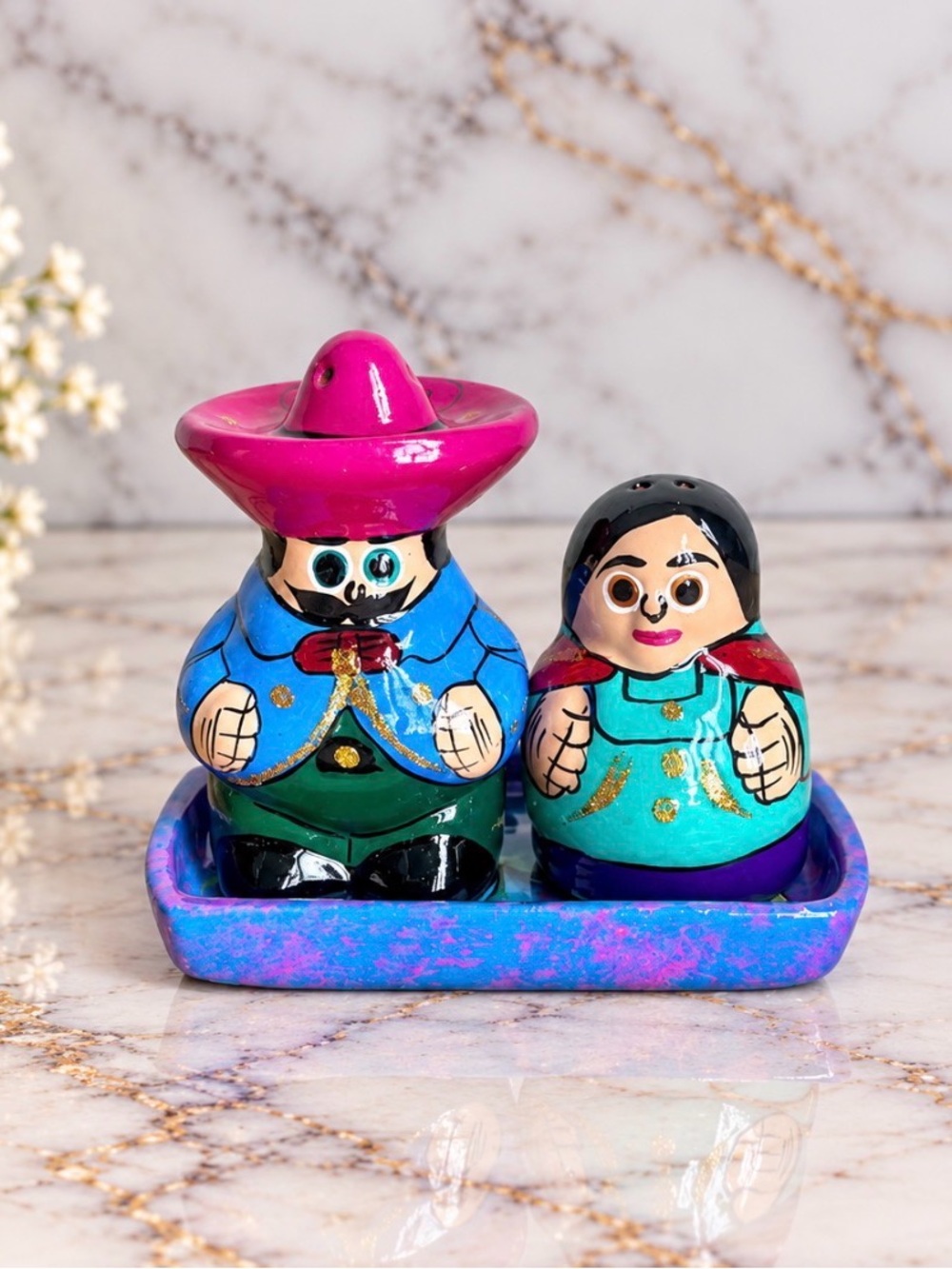 Mexican Pottery Salt And Pepper Shakers With Under Plate